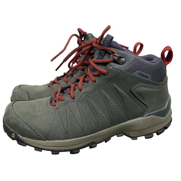 Oboz  Women's Sypes Mid Leather Waterproof is a mid-height Gray Red Laces Trail - Picture 1 of 10